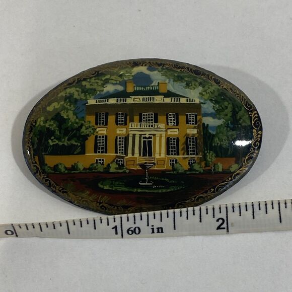 Vintage Handpainted Russian Miniature Scene Landscape Brooch With House 2.5” - Picture 6 of 6